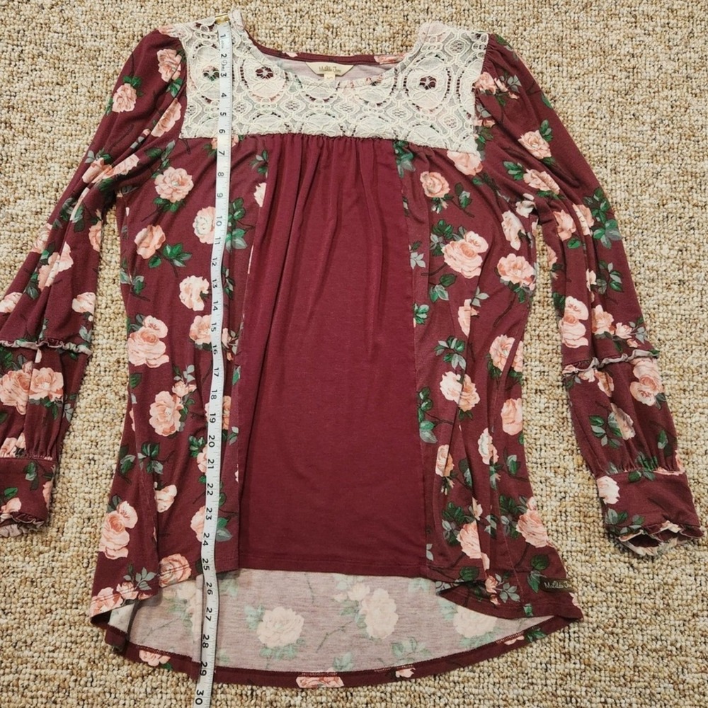 Matilda Jane Burgundy Floral Lace Yoke Long Sleeve Tunic Top XS - Picture 4 of 9